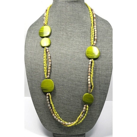 Necklace Statement Green Beige Multi Strands Asymmetric 36” - Picture 5 of 6